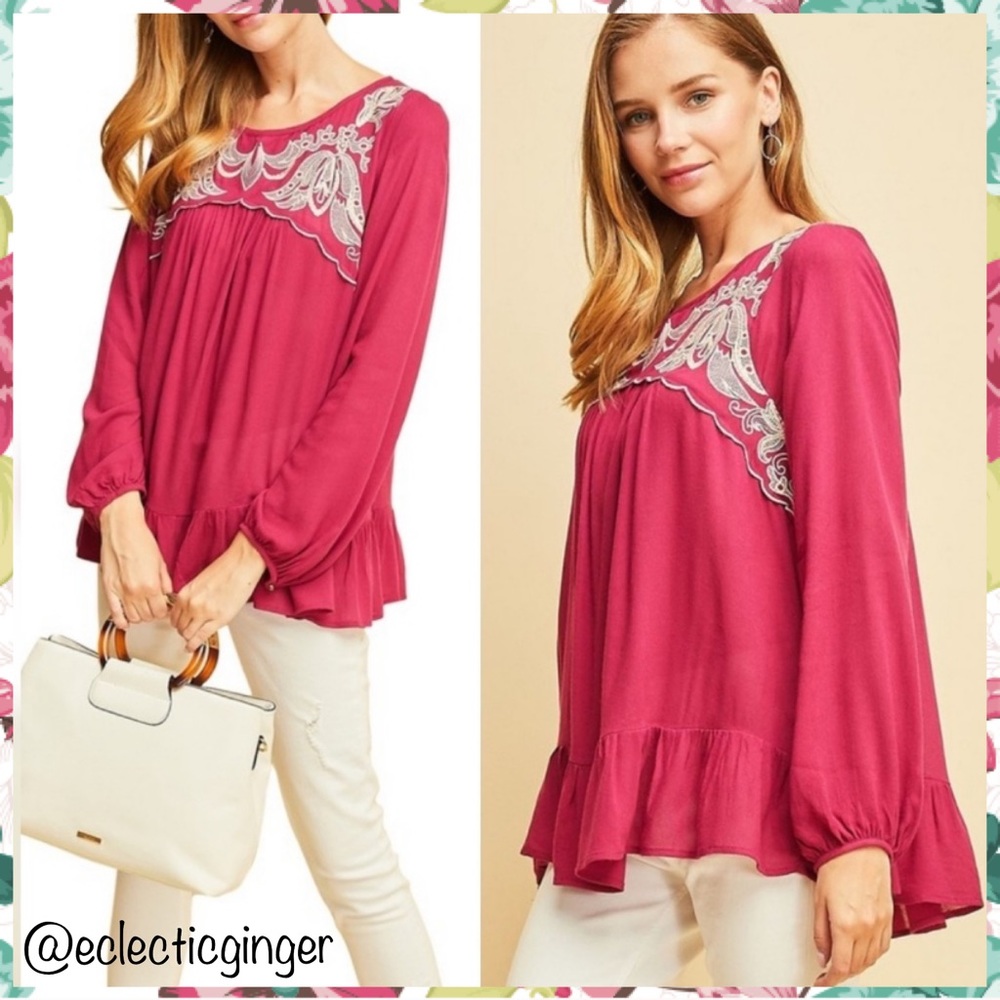 Berry pink ivory embroidered long sleeve ruffled top Small S Medium M